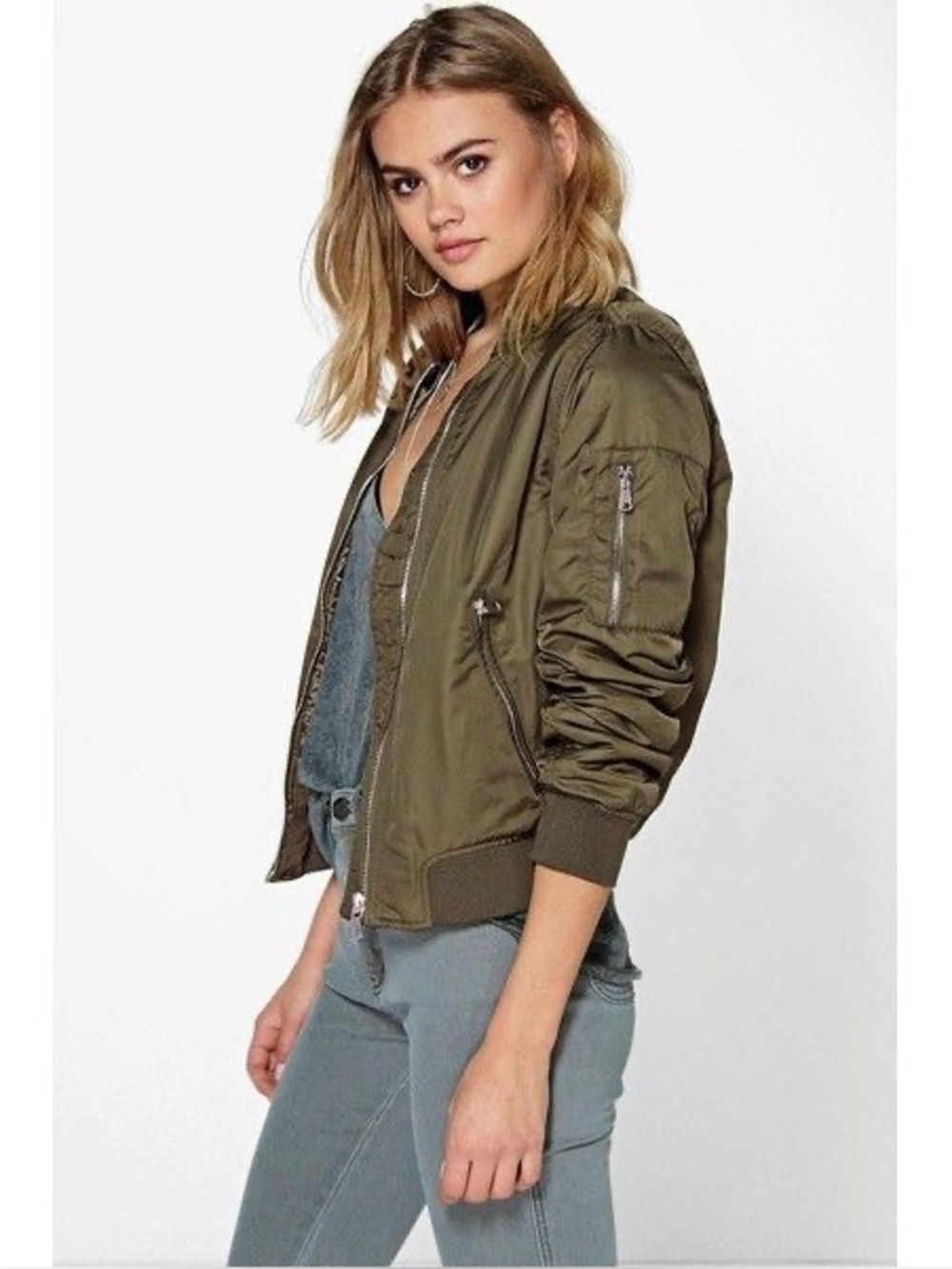 French Connection Olive Green Satin Zipper Bomber Jacket Medium